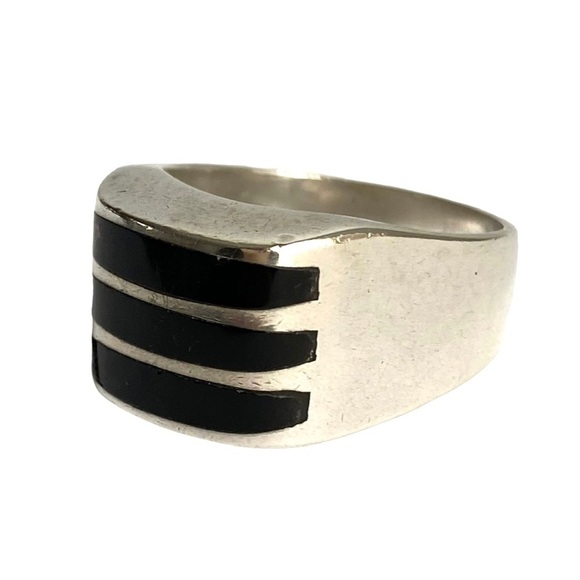 Vintage Sterling Silver Black Onyx Inlay Ring Mexico Heavy Solid Unisex Size 13 - Picture 3 of 15